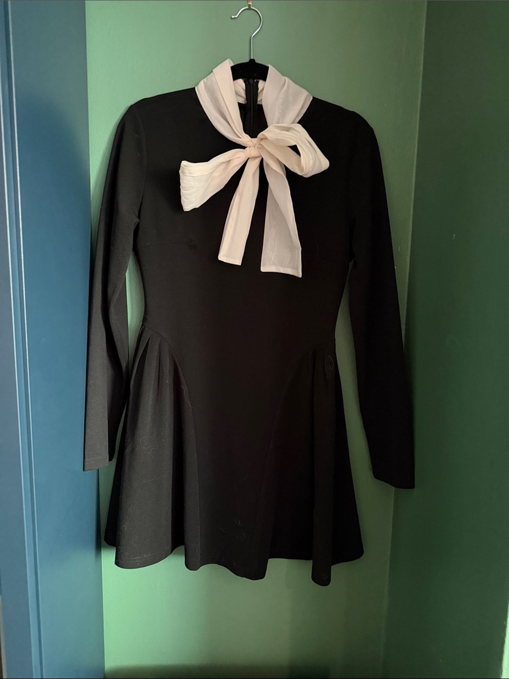 Black Mini Dress with Ivory Bow Tie Neck